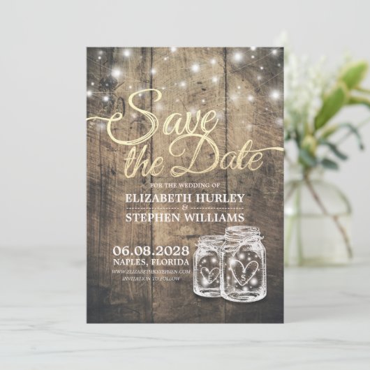 Save the Date rustikale Holz Mason Jar String Ligh (Stehend Vorderseite)