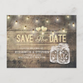 Save the Date rustikale Holz Mason Jar String Ligh Ankündigungspostkarte (Vorderseite)