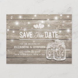 Save the Date rustikale Holz Mason Jar String Ligh Ankündigungspostkarte