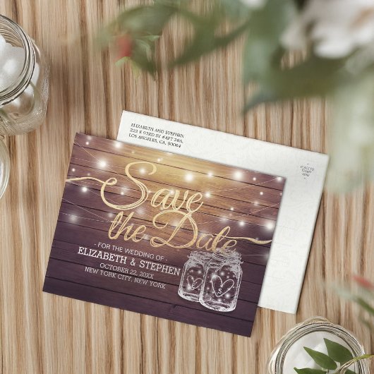 Save the Date rustikale Holz Mason Jar String Ligh Ankündigungspostkarte