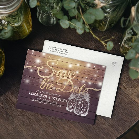 Save the Date rustikale Holz Mason Jar String Ligh Ankündigungspostkarte