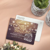 Save the Date rustikale Holz Mason Jar String Ligh Ankündigungspostkarte