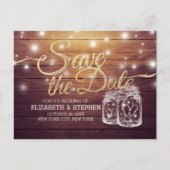 Save the Date rustikale Holz Mason Jar String Ligh Ankündigungspostkarte (Vorderseite)