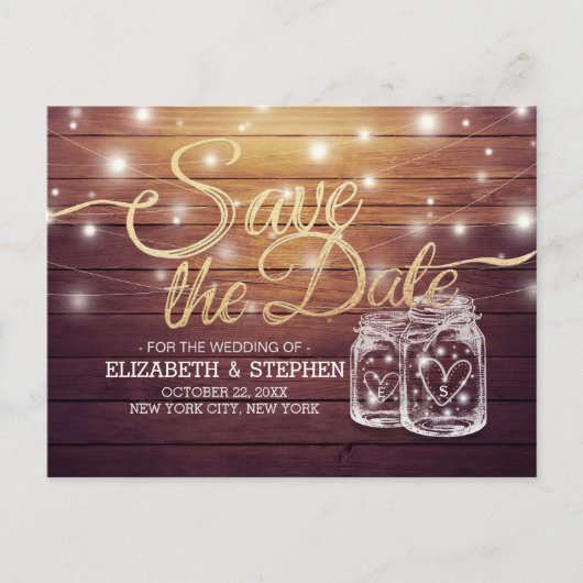 Save the Date rustikale Holz Mason Jar String Ligh Ankündigungspostkarte (Vorderseite)