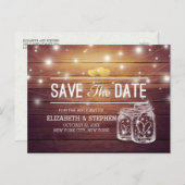 Save the Date rustikale Holz Mason Jar String Ligh Ankündigungspostkarte (Vorne/Hinten)