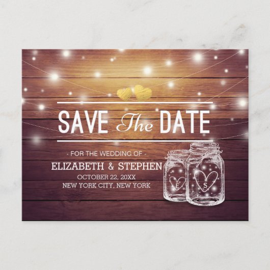 Save the Date rustikale Holz Mason Jar String Ligh Ankündigungspostkarte (Vorderseite)