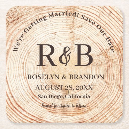Save the Date rustikale Holzmonogrammbezeichnungen Rechteckiger Pappuntersetzer (Vorderseite)