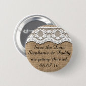 Save the Date rustikale Leinwand und Spitze Button (Vorne & Hinten)