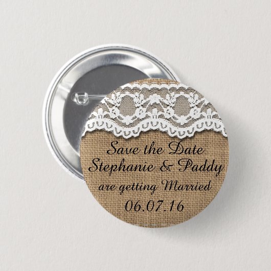 Save the Date rustikale Leinwand und Spitze Button (Vorne & Hinten)