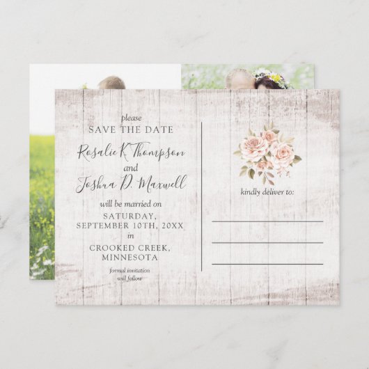 Save the Date rustikale Rose FotoCollage Postkarte (Vorne/Hinten)