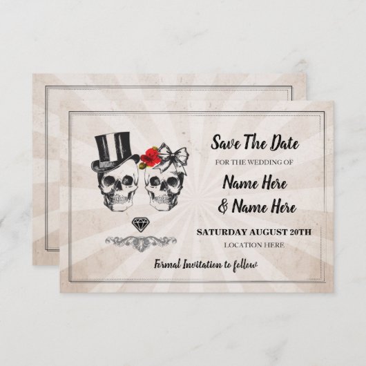 Save the Date Rustikale Skulls Rose Karte Diamant (Vorne/Hinten)