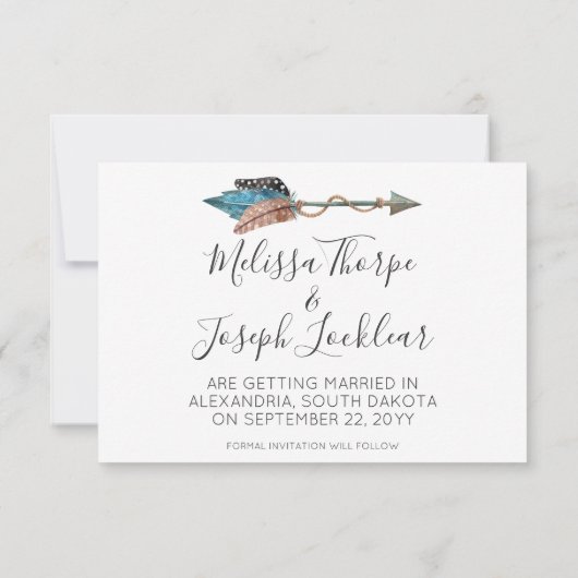 Save the Date Rustikale türkise Feathers Boho Arro Einladung (Rückseite)