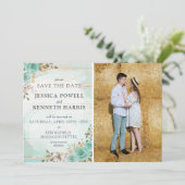 Save the Date Rustikale türkisfarbene 4-Foto-Karte Einladung (Stehend Vorderseite)