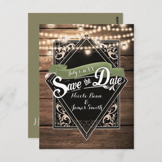 Save the Date rustikale Verlobung Holz & Licht Postkarte (Vorne/Hinten)