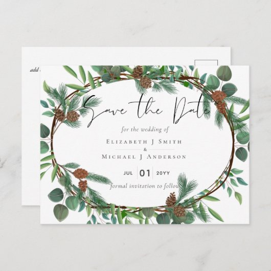 Save the Date rustikale Waldflächen Postkarte (Vorne/Hinten)