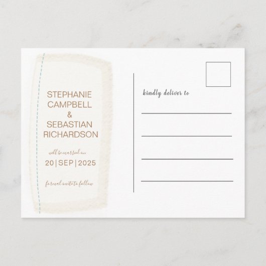 Save the Date rustikale Wasserfarbe Dusty Blue Ann Ankündigungspostkarte (Rückseite)