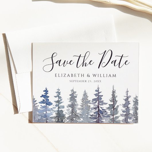 Save the Date rustikaler Dusty Blue Winterwald Postkarte
