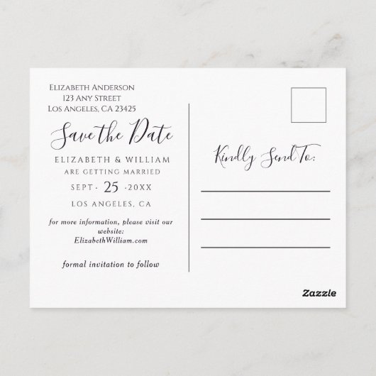 Save the Date rustikaler Dusty Blue Winterwald Postkarte (Rückseite)