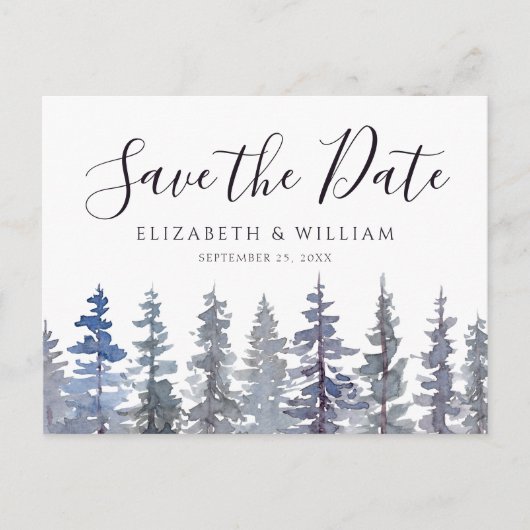 Save the Date rustikaler Dusty Blue Winterwald Postkarte (Vorderseite)