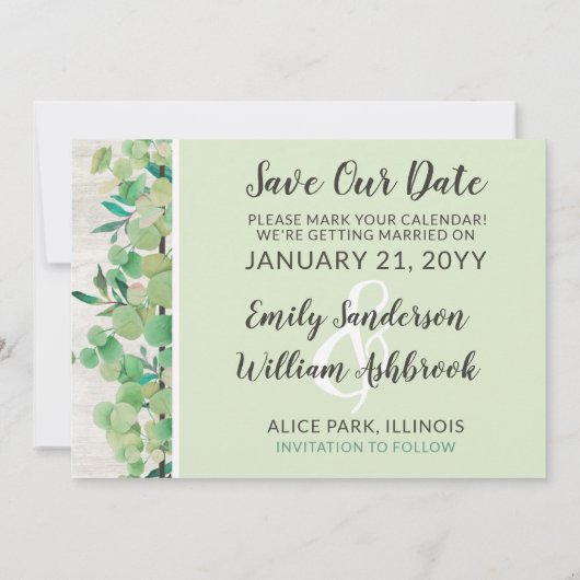 Save the Date Rustikaler Holzbotanischer 3-Foto-Ca Einladung (Rückseite)