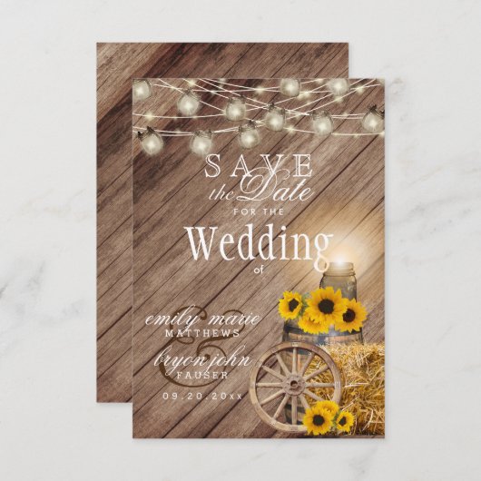 Save the Date Rustikaler Holzfass - Sonnenblume (Vorne/Hinten)