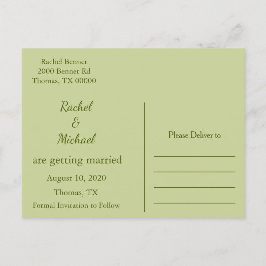 Save the Date Rustikaler Wald Ankündigungspostkarte (Rückseite)