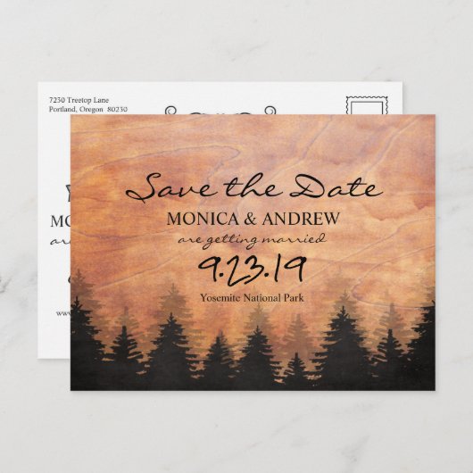 Save the Date Rustikaler Wald Postkarte (Vorne/Hinten)