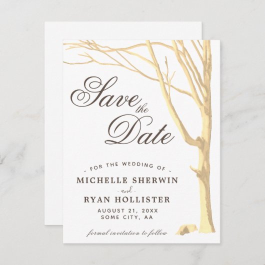 Save the Date rustikales Baumskript Einfache weiße (Vorne/Hinten)