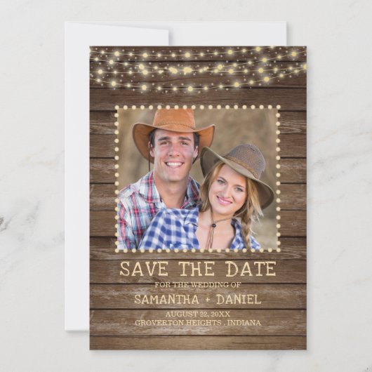 Save the Date rustikales Foto mit Holzstring Light (Vorderseite)
