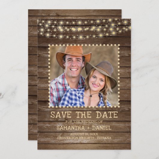 Save the Date rustikales Foto mit Holzstring Light (Vorne/Hinten)