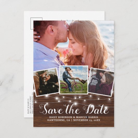 Save the Date rustikales Holz 4 Foto Ankündigungspostkarte (Vorne/Hinten)