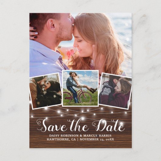 Save the Date rustikales Holz 4 Foto Ankündigungspostkarte (Vorderseite)