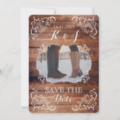 Save the Date rustikales Holz Hochzeitsholz Foto H Einladung (Vorderseite)