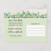 Save the Date Rustikales Holz und Eukalyptus Botan Ankündigungspostkarte (Rückseite)