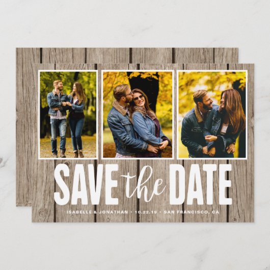 Save the Date rustikales Leichtholz 3 FotoCollage (Vorne/Hinten)