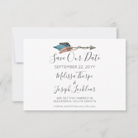 Save the Date Rustikales türkisfarbenes Feather Ar Einladung (Rückseite)