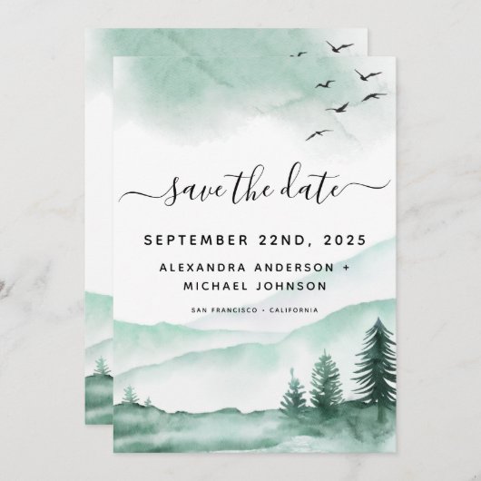 Save the Date Rustikales Wald Wasserfarbe Moderne (Vorne/Hinten)