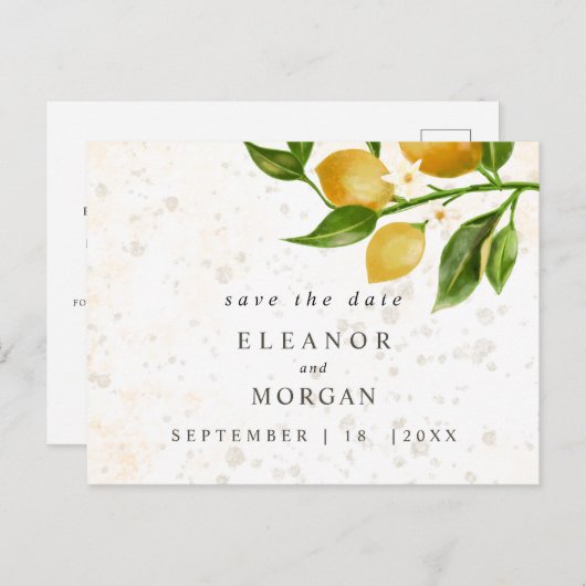Save the Date saftige Zitronen Aquarellhochzeit Postkarte (Vorne/Hinten)