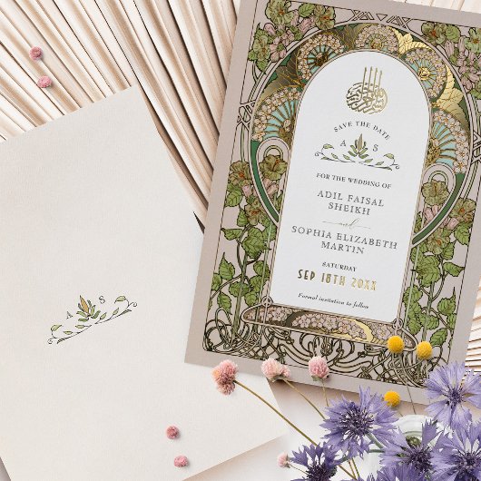 Save the Date Sage Green Muslim Islamische Mucha Folieneinladung