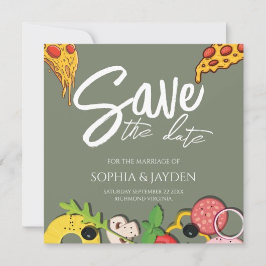 Save the Date Sage Green PIZZA Moderner Chic (Vorderseite)