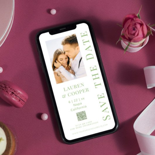Save the Date Sage Green QR Code Moderne Hochzeit