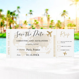 Save the Date schicke Goldweltkarte Boarding Pass