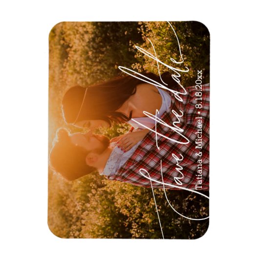 Save the Date schimmernde weiße Kalligraphie, Paar Magnet (Vertikal)