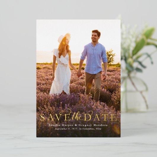 Save the Date schlichtes, elegantes vertikales Fot Folieneinladung (Stehend vorne)