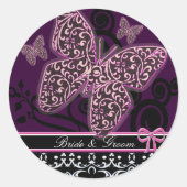 Save the Date Schmetterlinge Wirbel Pink Black & W Runder Aufkleber (Vorderseite)