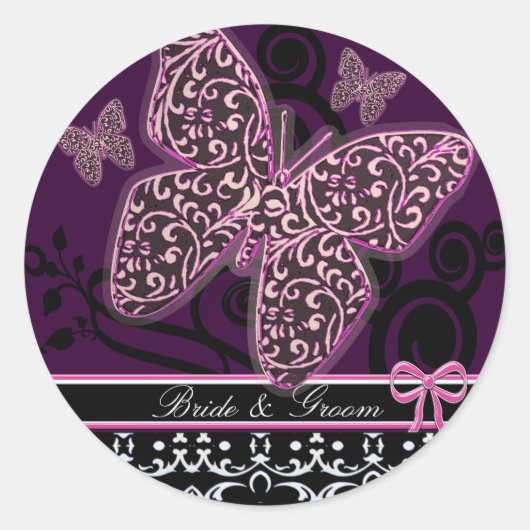Save the Date Schmetterlinge Wirbel Pink Black & W Runder Aufkleber (Vorderseite)