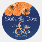 Save the Date - Schöne Orange Rose und Navy Blue Runder Aufkleber (Vorderseite)