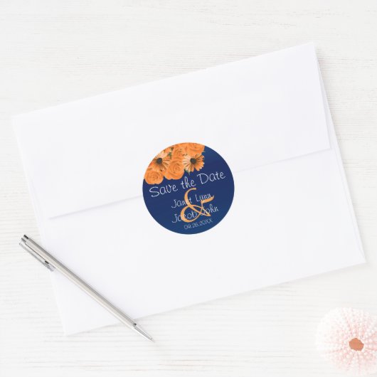 Save the Date - Schöne Orange Rose und Navy Blue Runder Aufkleber (Umschlag)