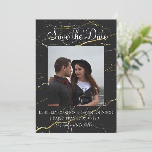Save The Date |Schwarz-Gold-Marmor (Stehend Vorderseite)