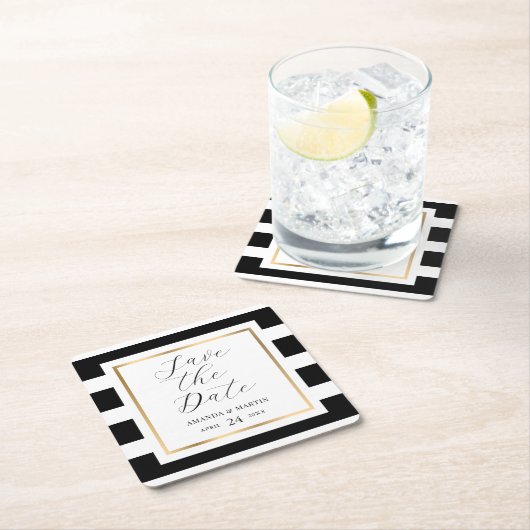 Save the Date Schwarz-Gold-Streifen-Hochzeit Rechteckiger Pappuntersetzer (Vor Ort)